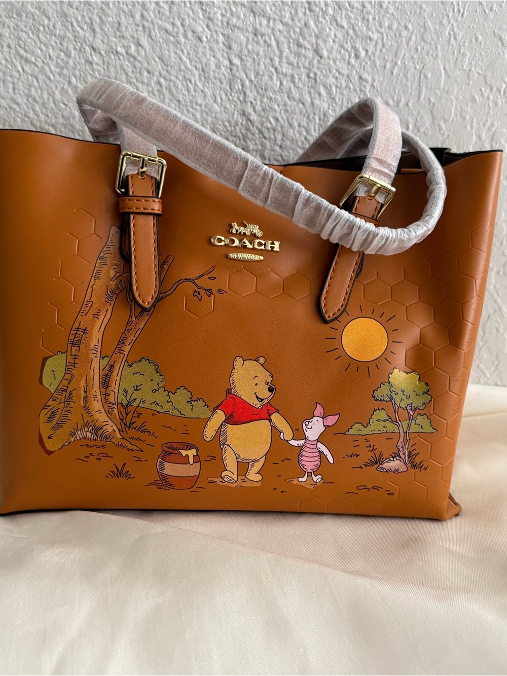 Coach Brown Winnie the Pooh & Piglet Leather Tote with Gold-Tone Logo